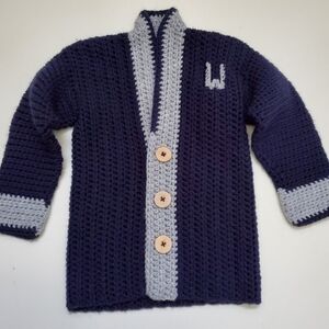 Handmade Knit Button Up Varsity Style Cardigan letter W Navy Grey Wood Buttons
